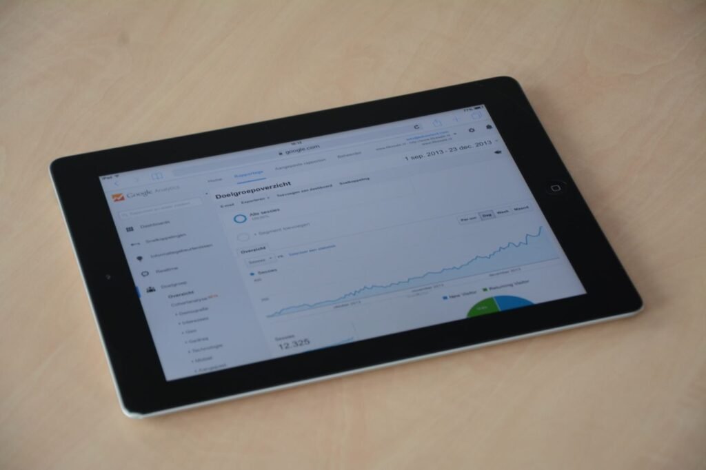 Tablet showing an analytics dashboard with graphs