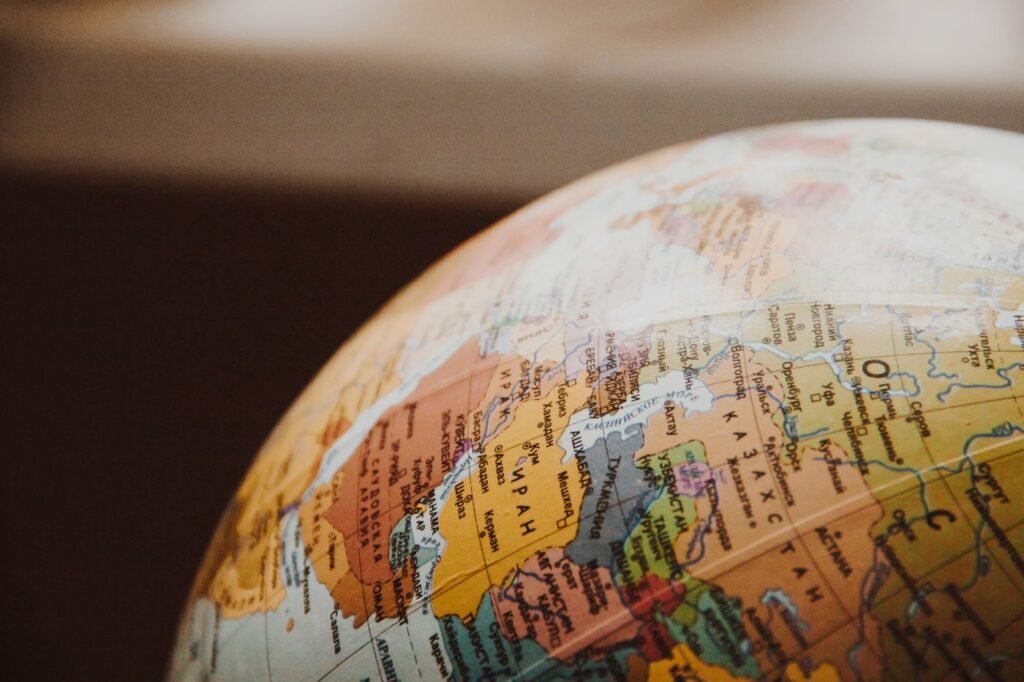 Close-up of a globe showing parts of Europe and Asia