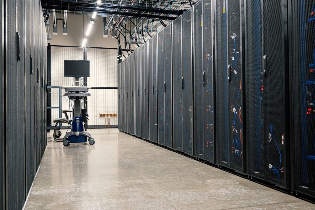 Server racks with networking gear and cables