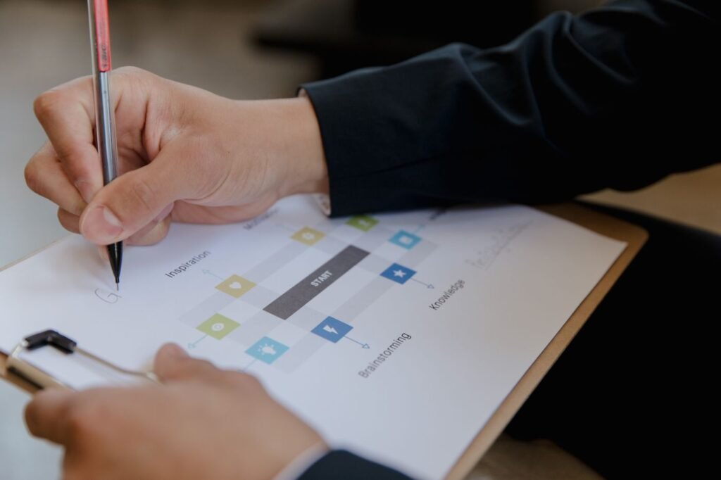 Close-up of a person writing on a business strategy document