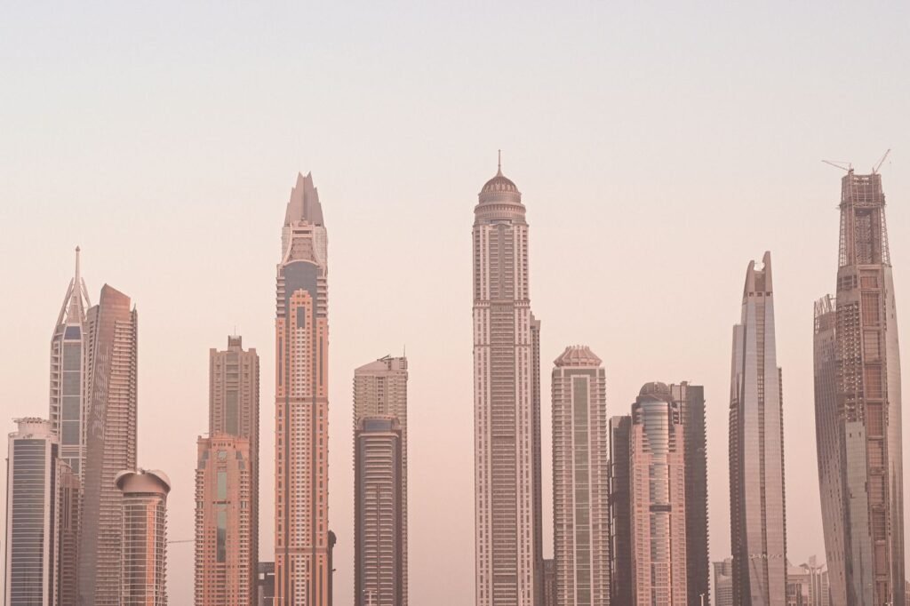 Dubai skyline with skyscrapers at sunset