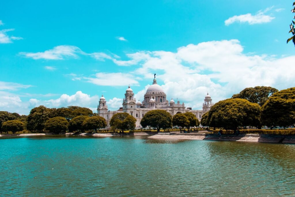 Victoria Memorial in Kolkata, India, reflected in a lake