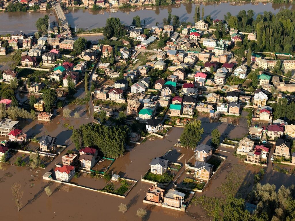 Aerial view of flooding across an urban area in Kashmir, India