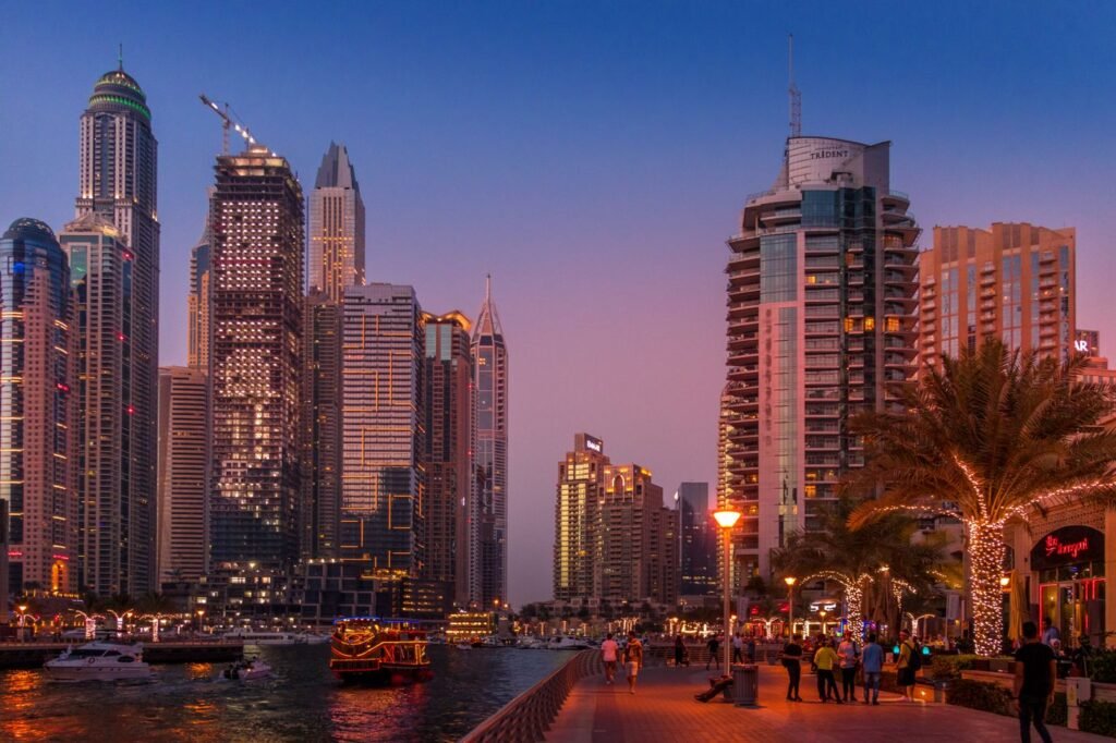 Dubai Marina skyscrapers lit by the setting sun