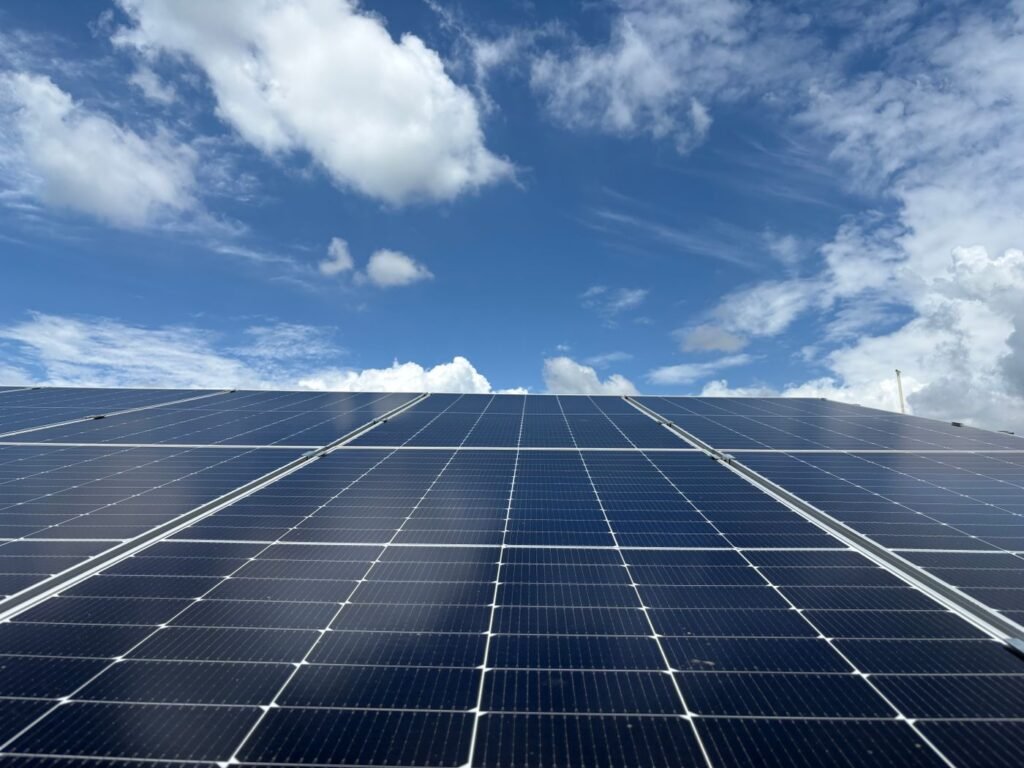 Solar panels under a clear blue sky in Dehradun, India