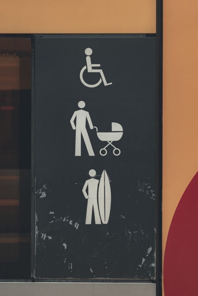 Wall signs marking wheelchair access and pram access