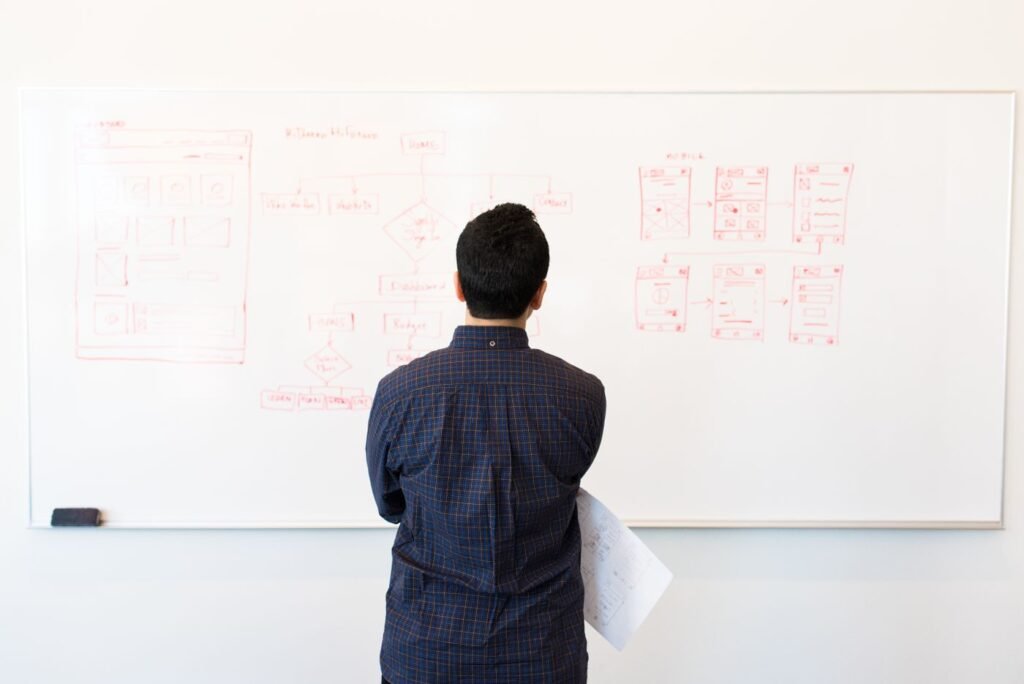 Man studying a design flowchart on an office whiteboard