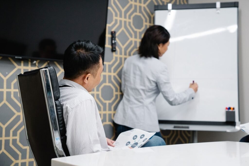 Business team brainstorming at a whiteboard in a meeting room